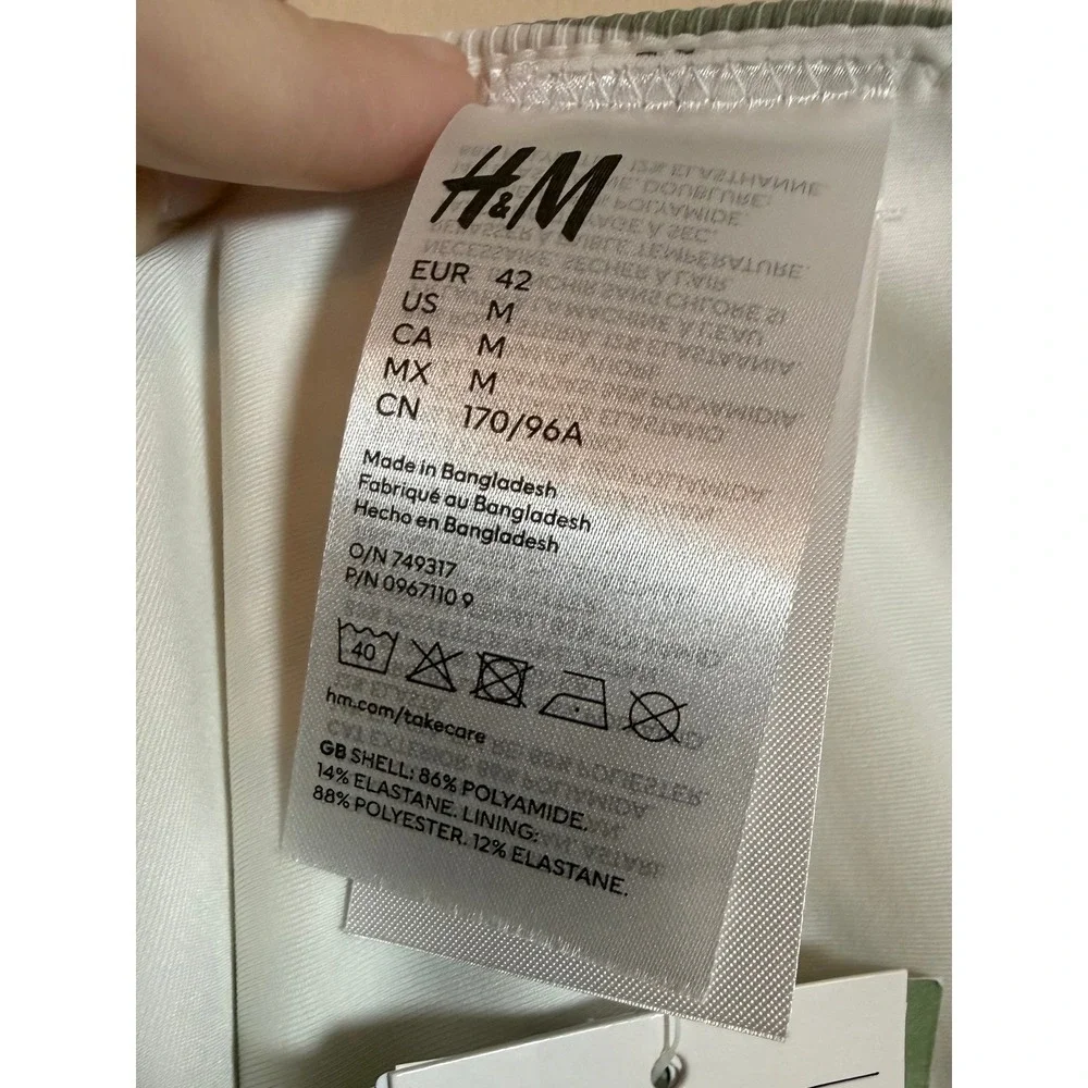 H&M Green White Striped Ribbed One Piece Swimsuit High Leg Tie Shoulder M NEW